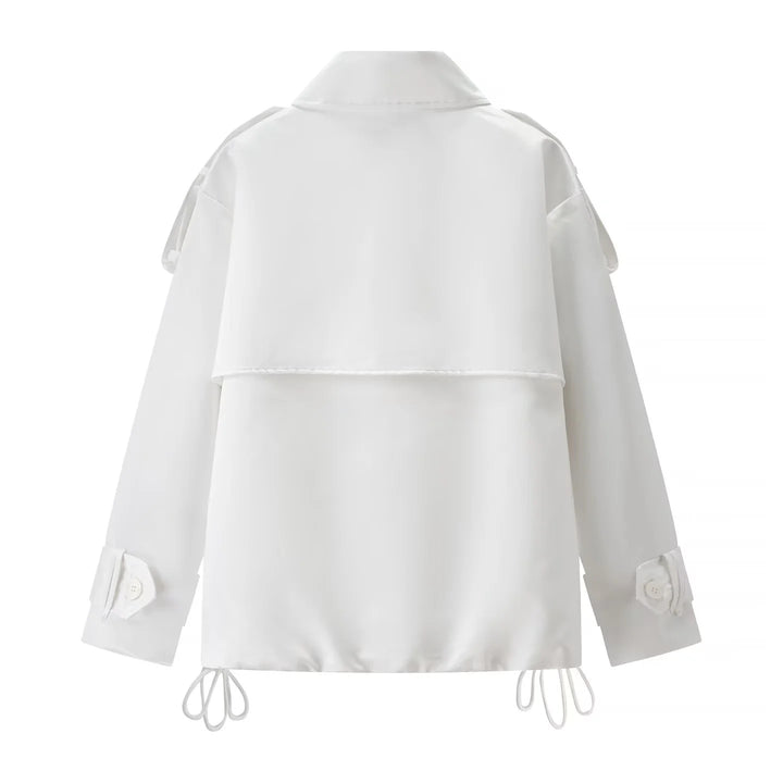 Women's short double-breasted trench coat with shoulder flaps, adjustable hem drawstring, and adjustable cuffs Mune Fashion
