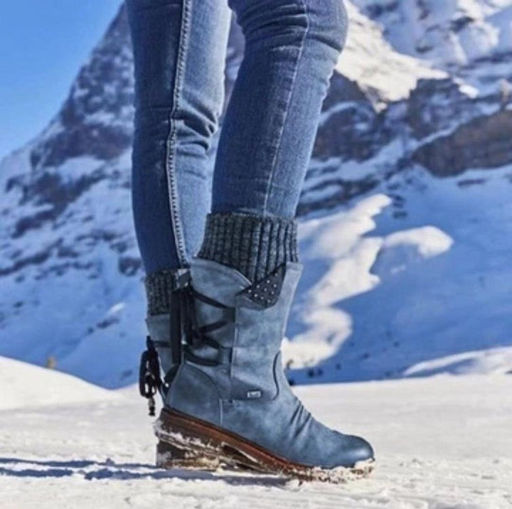 Women's Mid-Cut Boots with Knit Cuff, Decorative Cord and Velour Look Mune Fashion