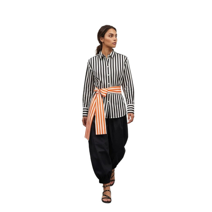 Women Vertical Striped Oversize Shirt Blouse with Boxy Silhouette and Tie Belt Mune Fashion