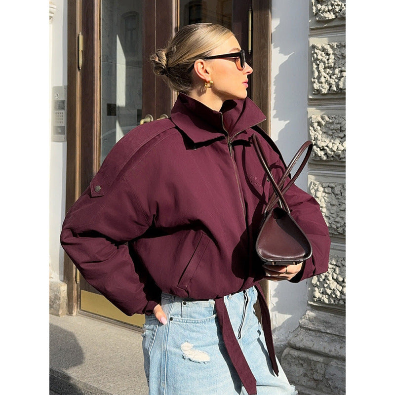 Women's short oversized bomber jacket with high stand-up collar, drawstring and shoulder flaps Mune Fashion