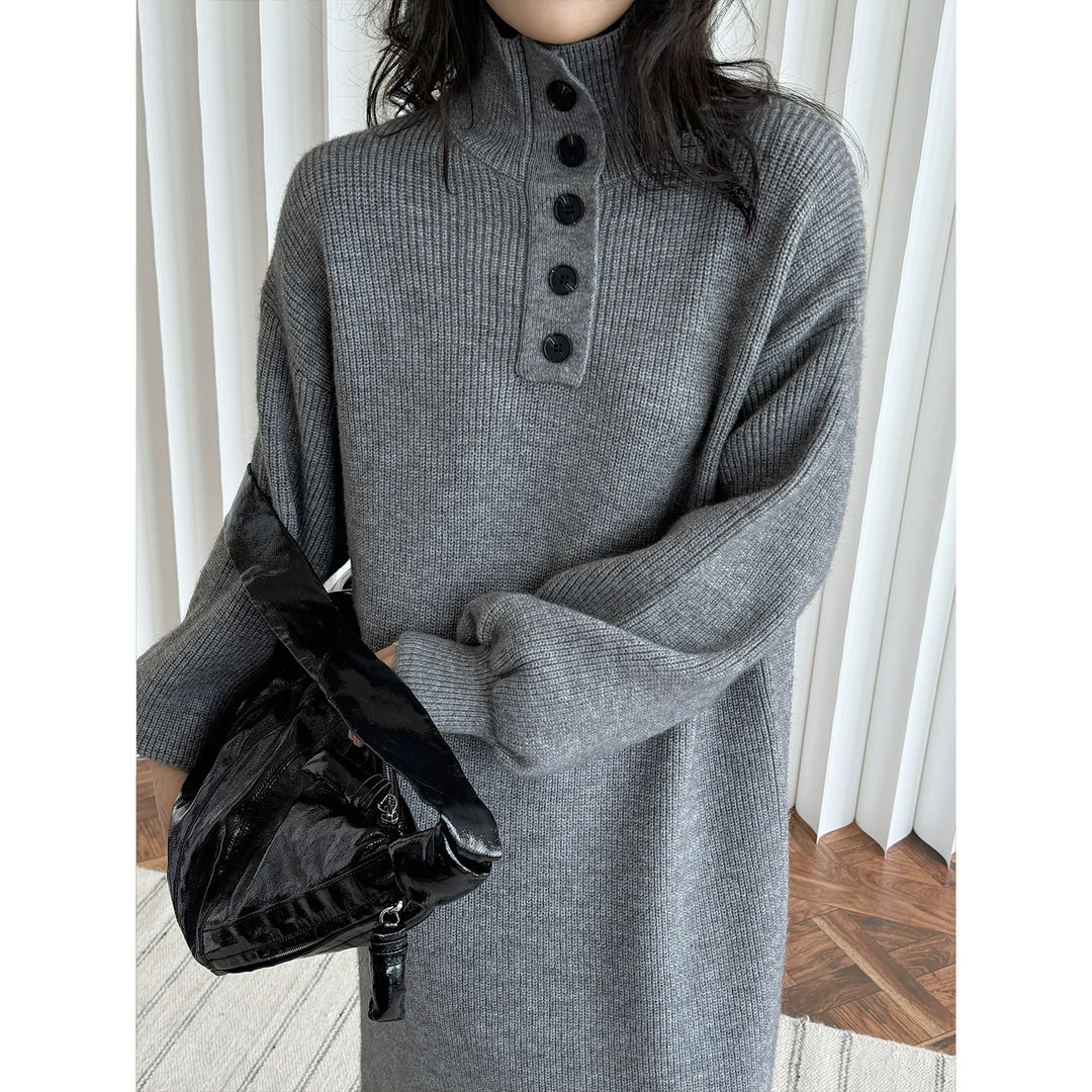 Ladies knit dress with button placket at the stand collar and ribbed texture Mune Fashion