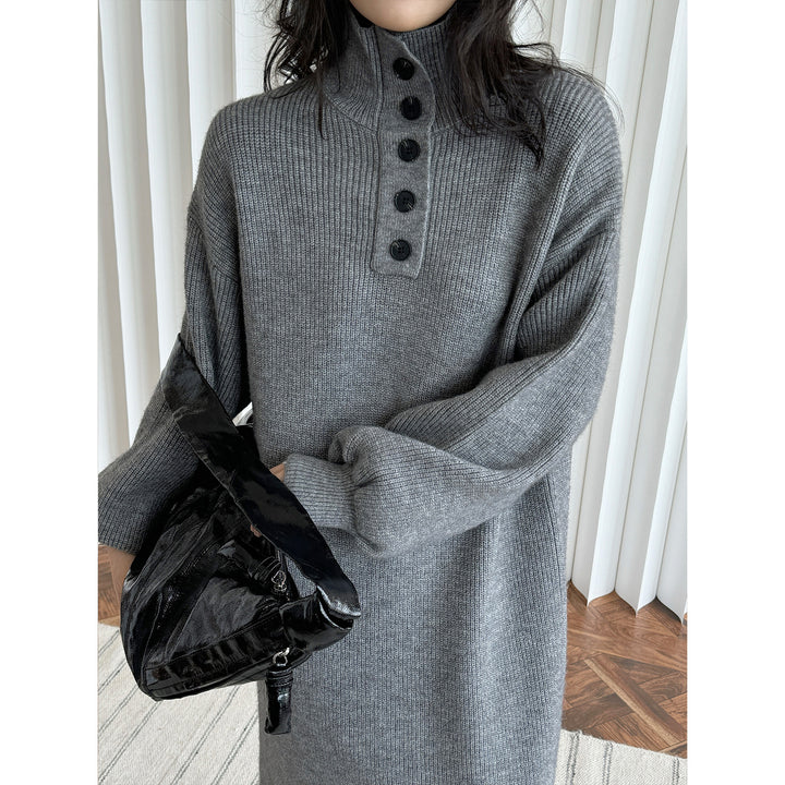 Ladies knit dress with button placket at the stand collar and ribbed texture Mune Fashion