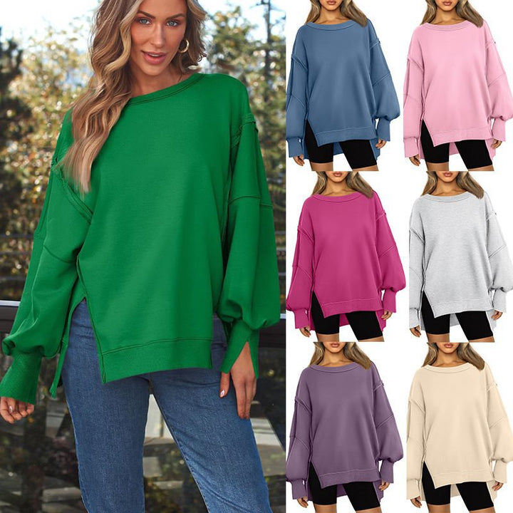 Ladies Soft Longline Sweatshirt with Balloon Sleeves, Side Slits and Ribbed Hem Mune Fashion