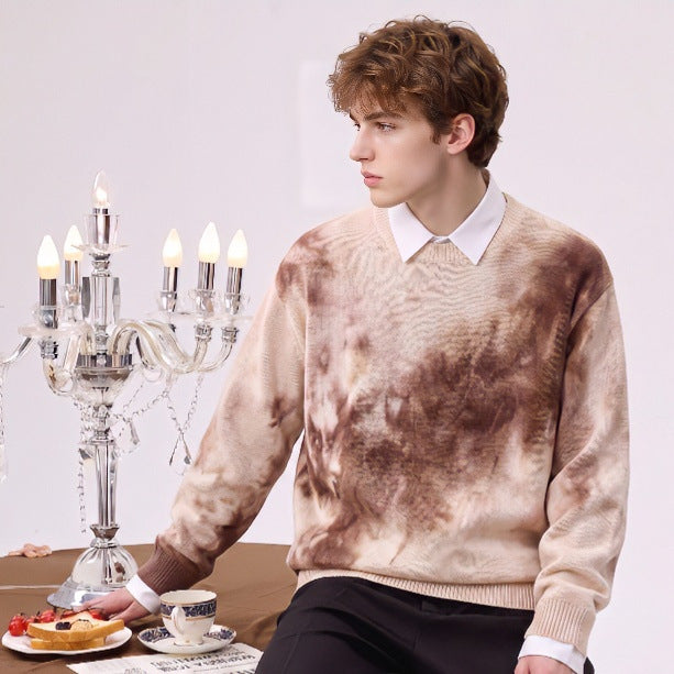 Men's Oversized Knit Sweater with Tie-Dye Look, Round Neck and Ribbed Cuffs Mune Fashion