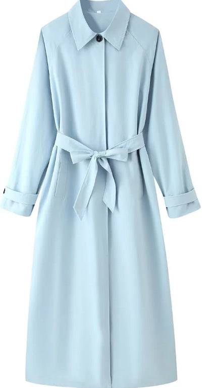 Women's Lightweight Knee-Length Trench Coat in Clean Look with Tie Waist and Concealed Button Placket Mune Fashion