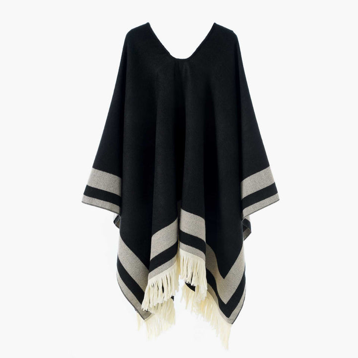 Women Oversize Poncho-Cape with V-neck and Fringe Hem Mune Fashion