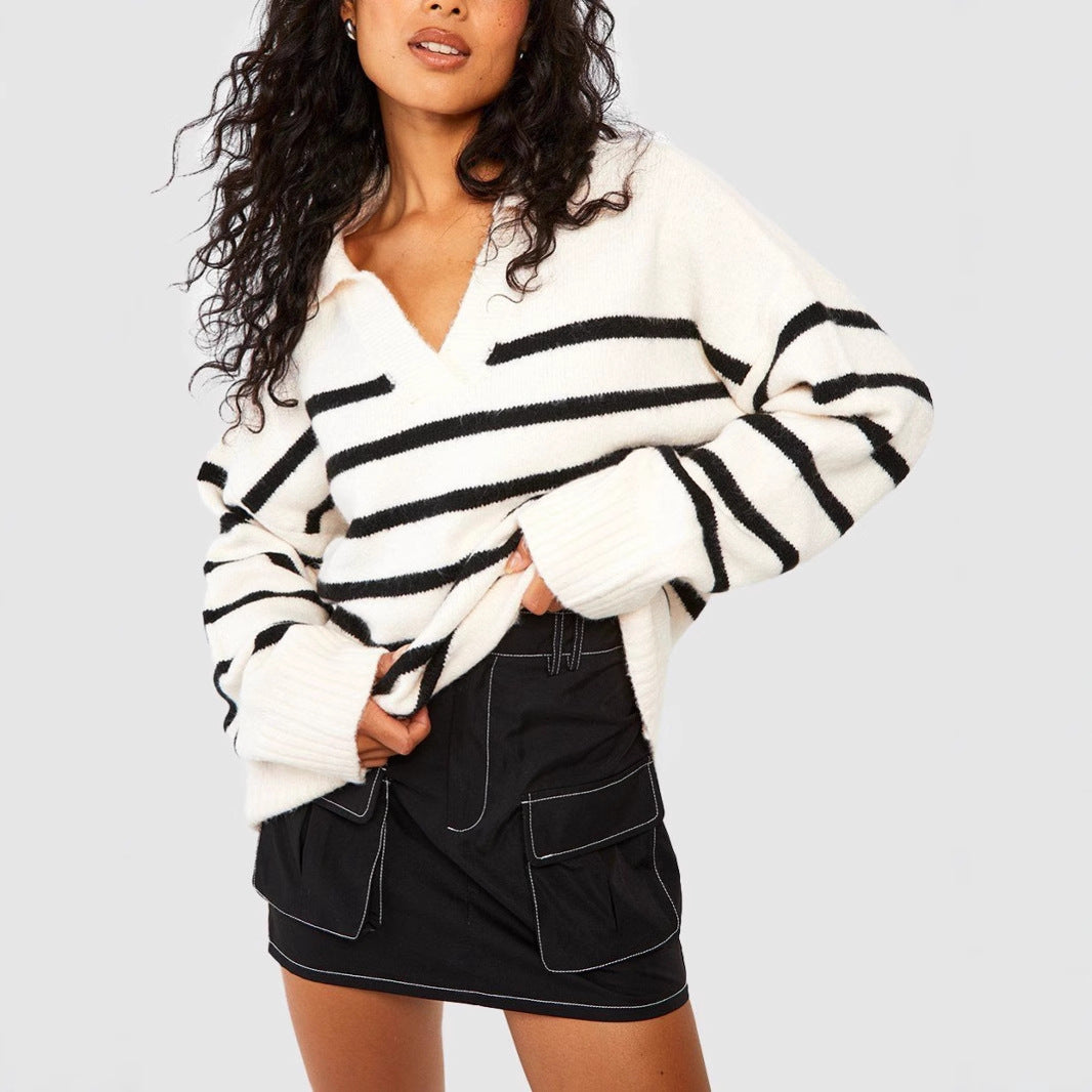 Women's Fashionable Knitted Sweater with V-Neck and Striped Pattern