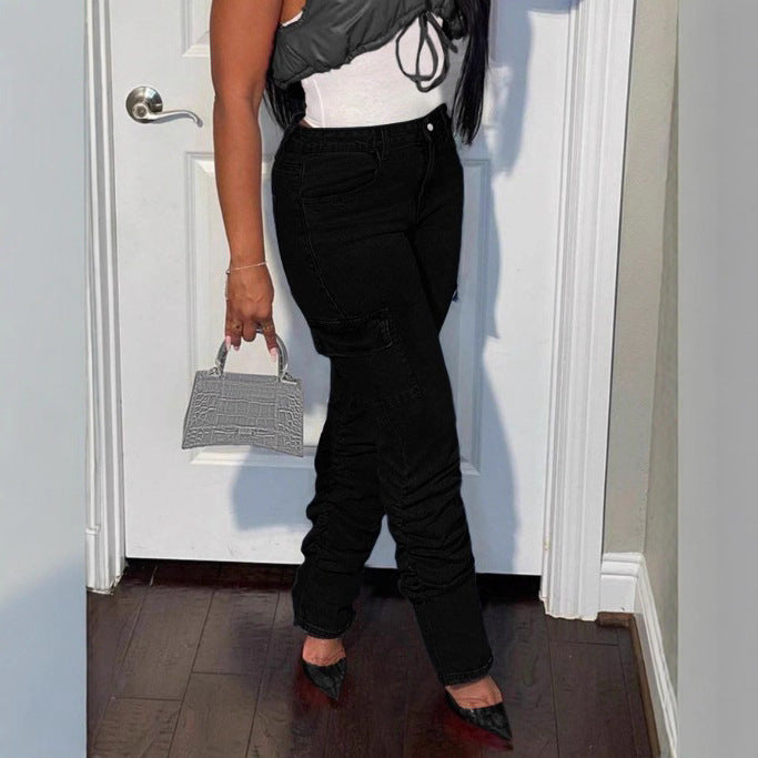 Women's High-Waisted Cargo Jeans with Slim Fit and Gathered Leg Hems Mune Fashion