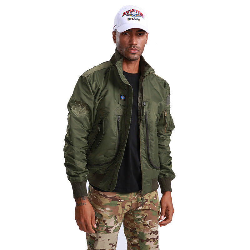 Men's Pilot Bomber Jacket with Utility Pockets and Ribbed Stand-Up Collar Mune Fashion