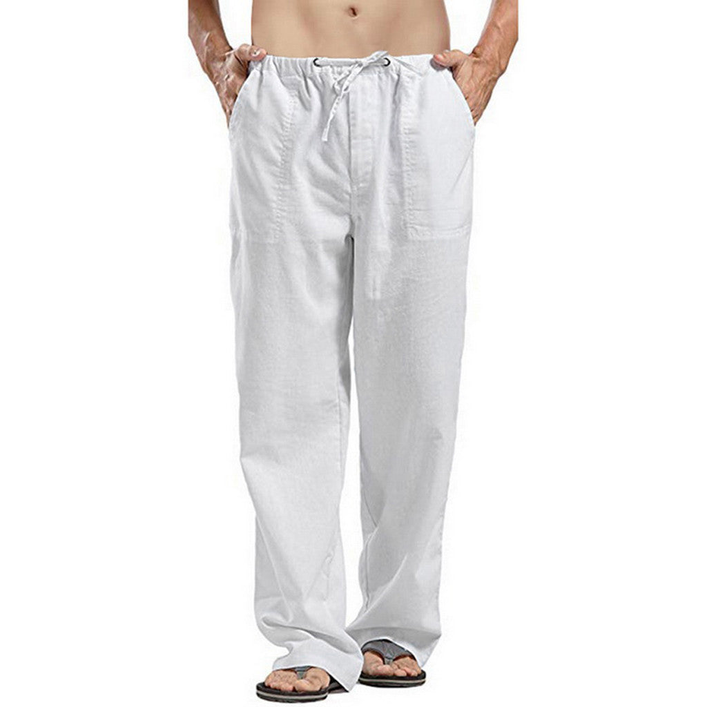 Men's Casual Linen Pants with Drawstring Waist and Straight Leg Mune Fashion