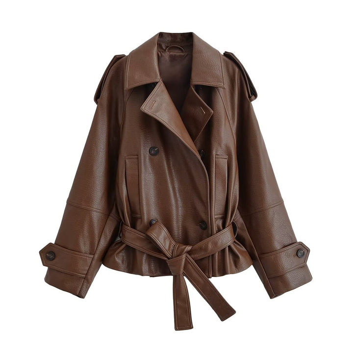Women's Cropped Double-Breasted Faux Leather Trench with Waist Belt and Shoulder Epaulettes Mune Fashion