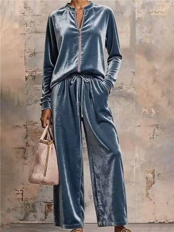 Women's velvety lounge set with stand-up collar zip top and drawstring pants Mune Fashion