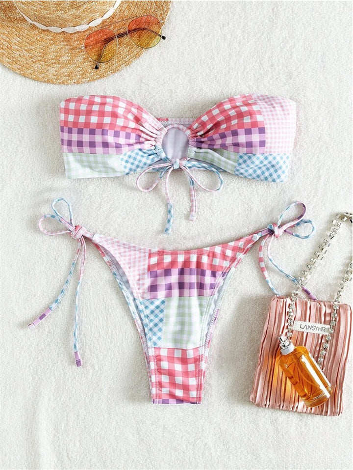 Ladies bikini set with playful check pattern and adjustable ties Mune Fashion