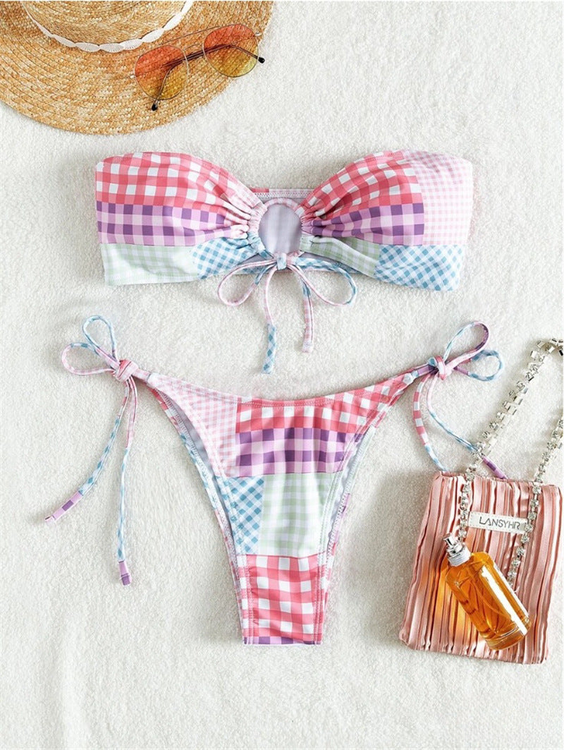 Ladies bikini set with playful check pattern and adjustable ties Mune Fashion