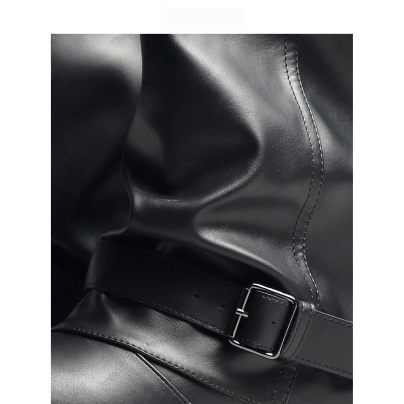 Women Slouchy Biker Boots in Leather Look with Adjustable Buckle Strap and Medium Block Heel Mune Fashion