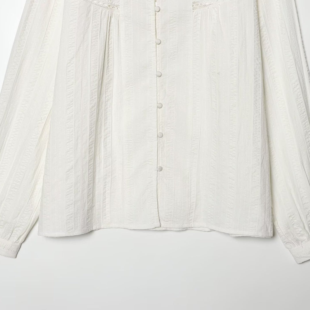 Women's Loose Vintage Blouse with Stand-up Collar, Lace Inserts and Balloon Sleeves Mune Fashion