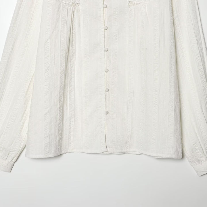 Women's Loose Vintage Blouse with Stand-up Collar, Lace Inserts and Balloon Sleeves Mune Fashion