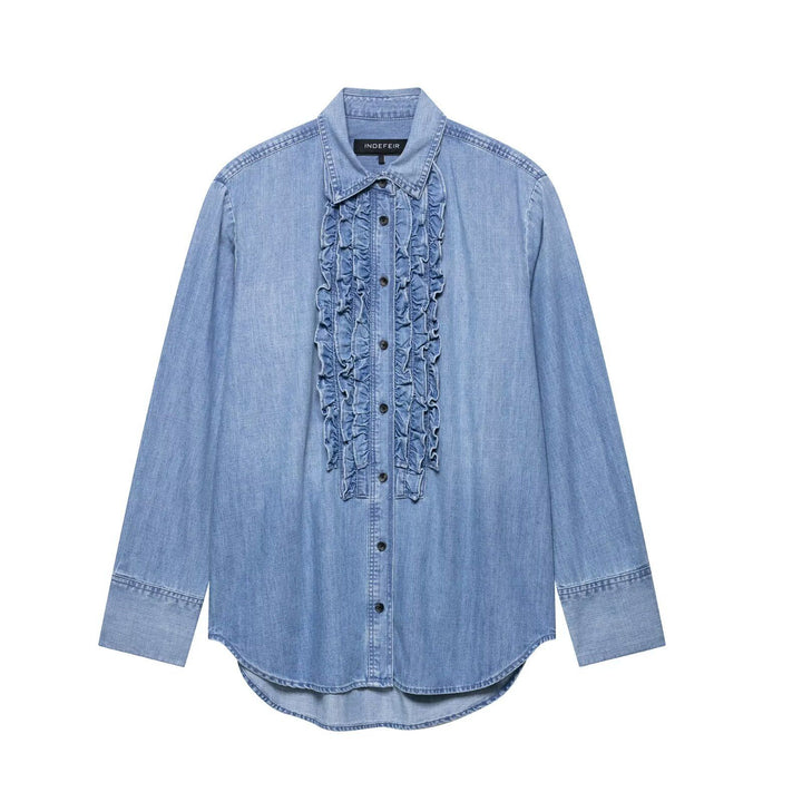Women's chambray blouse with ruffled button placket, shirt collar and extended hem Mune Fashion