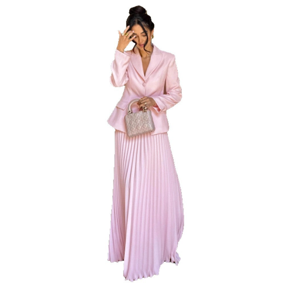 Women's Tailored Blazer and Midi Skirt Set with Pleated Skirt & Tied Belt Mune Fashion