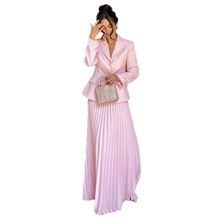 Women's Tailored Blazer and Midi Skirt Set with Pleated Skirt & Tied Belt Mune Fashion