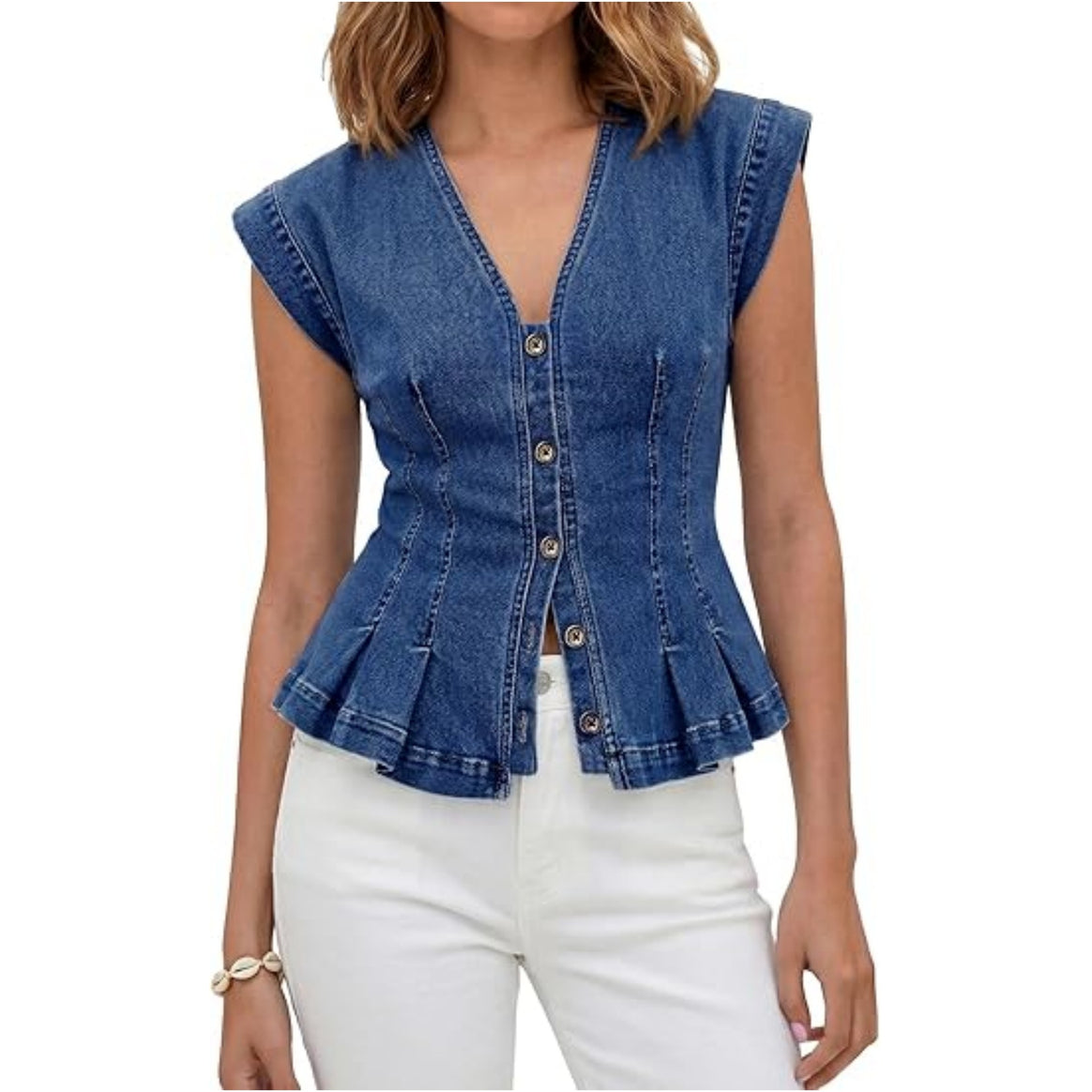 Women Tailored Jeans Top with Peplum and Button Placket Mune Fashion