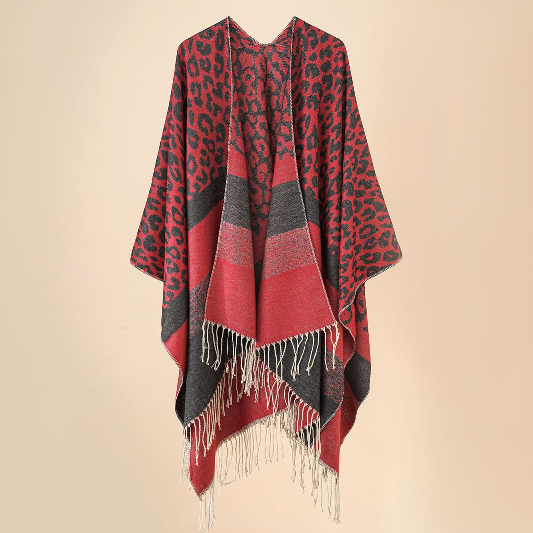 Women's Oversized Ruana with Leo Jacquard, fringes, and soft wool blend Mune Fashion