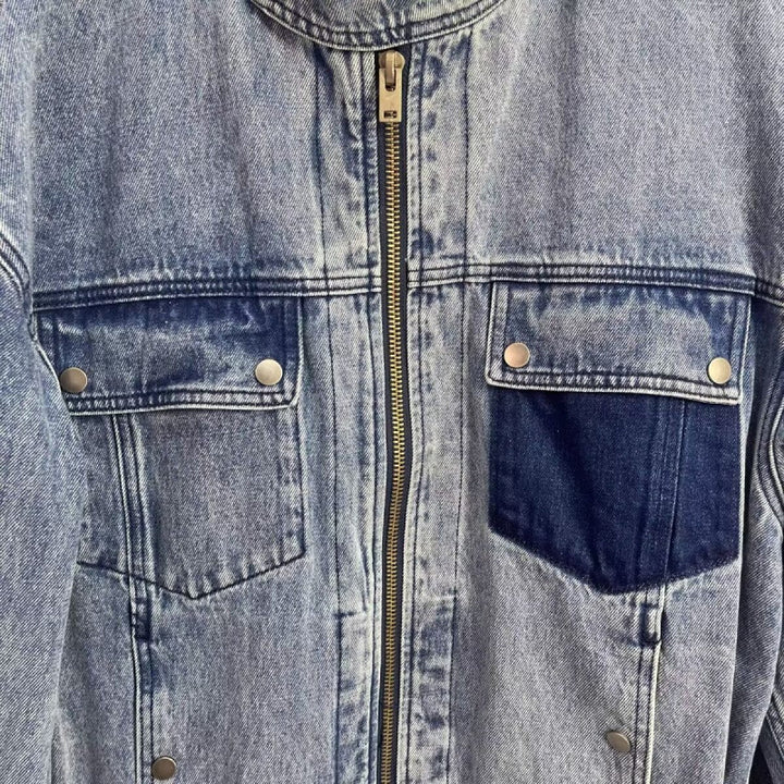 Men's Relaxed Denim Utility Jacket with Stand Collar and Contrasting Chest Pocket Mune Fashion