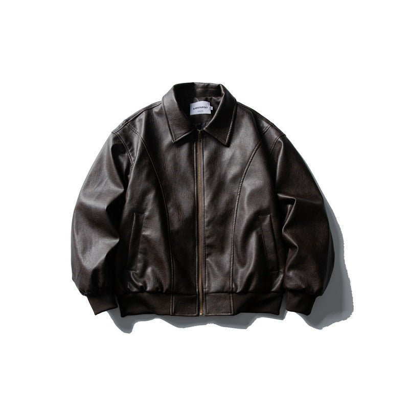 Men's leather bomber jacket in boxy cut with full-length zipper and ribbed hem Mune Fashion