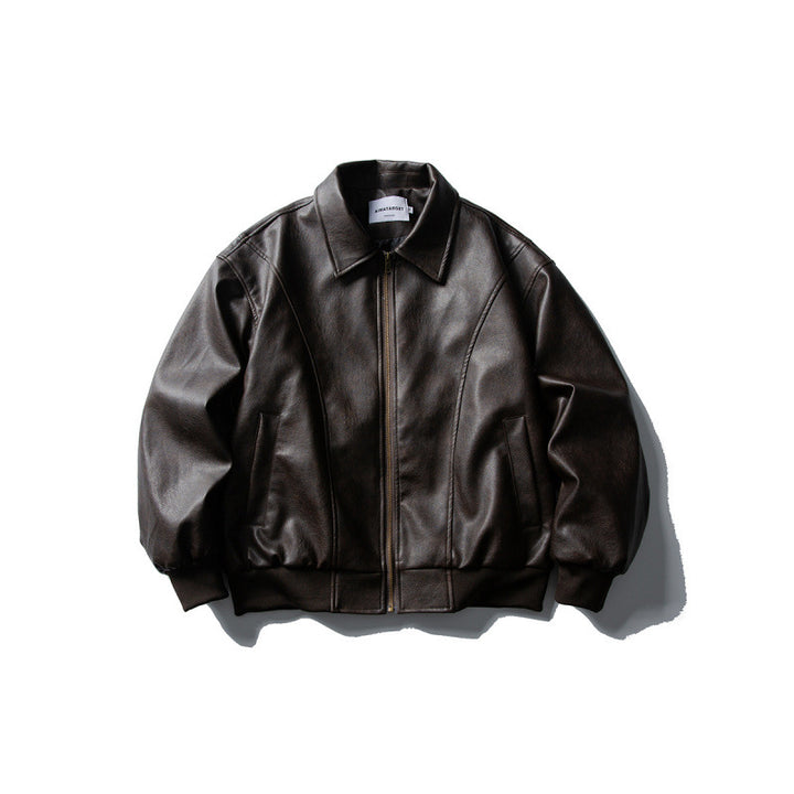 Men's leather bomber jacket in boxy cut with full-length zipper and ribbed hem Mune Fashion