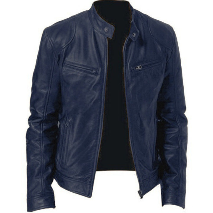 Men's slim genuine leather biker jacket with stand-up collar, two zippered chest pockets and straight silhouette Mune Fashion