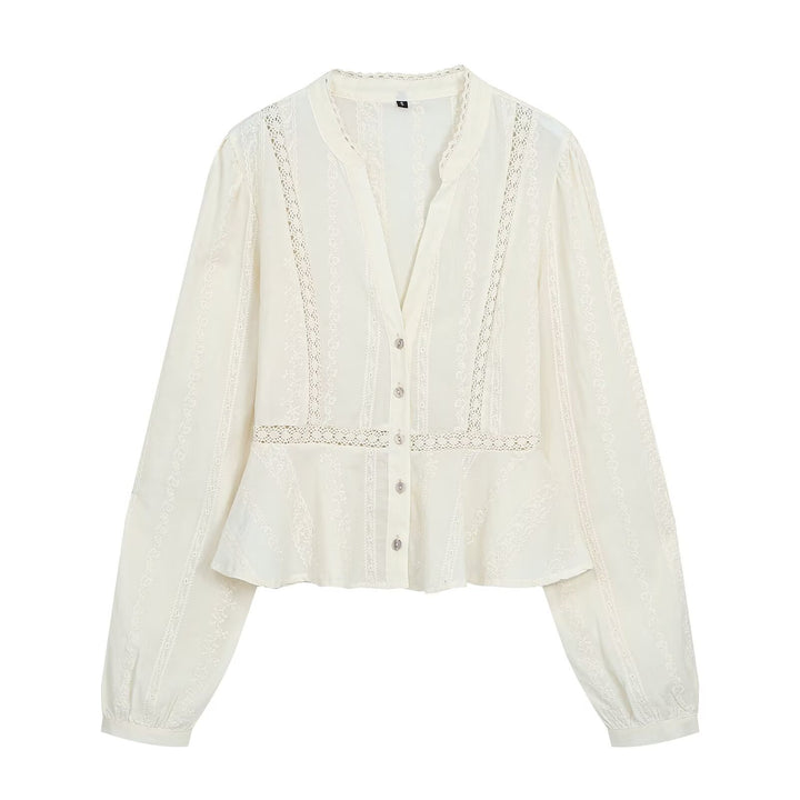 Women's Romantic Lace Blouse with Crochet Borders and Figure-Hugging Waist Seam Mune Fashion