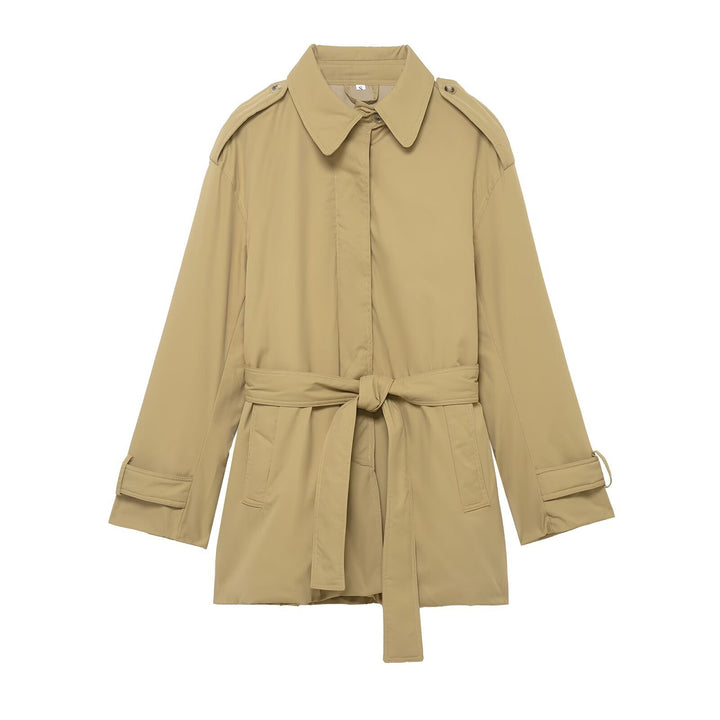 Women's Short Trench Coat with Waist Belt and Epaulettes Drune