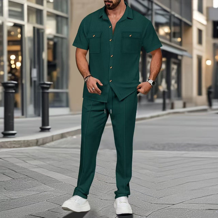 Men's casual two-piece set with open lapel shirt, chest pockets, and tapered drawstring pants Mune Fashion