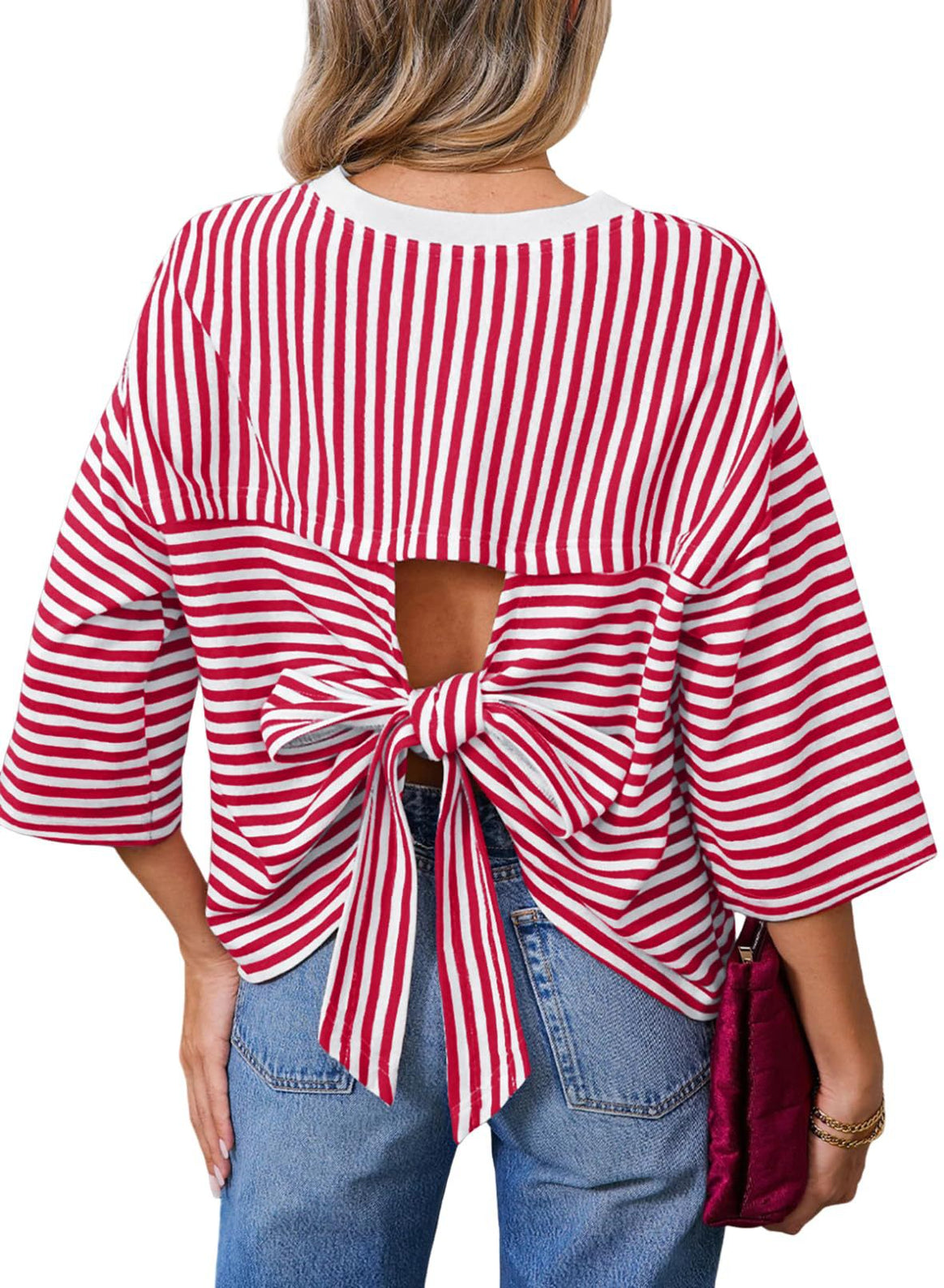 Women's Striped Oversize Shirt with Back Cutout and Bow Tie Mune Fashion