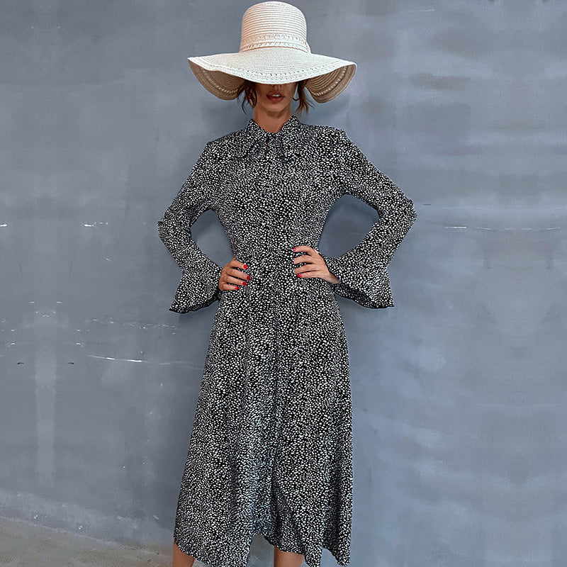 Women's midi dress with stand collar and tie bow, long sleeve A-line with fine polka dot pattern Mune Fashion