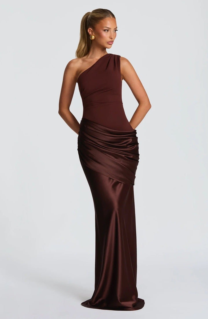 Women's elegant asymmetrical satin evening dress with drape design Mune Fashion