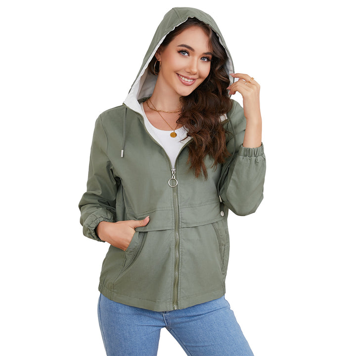 Women's lightweight water-repellent hooded parka with drawstring, ring zipper, and concealed snap button placket Mune Fashion