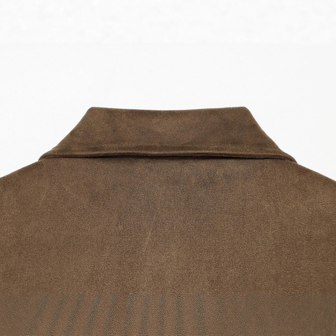 Women's cropped blouson jacket in suede look with shirt collar, epaulettes, and elastic waistband.