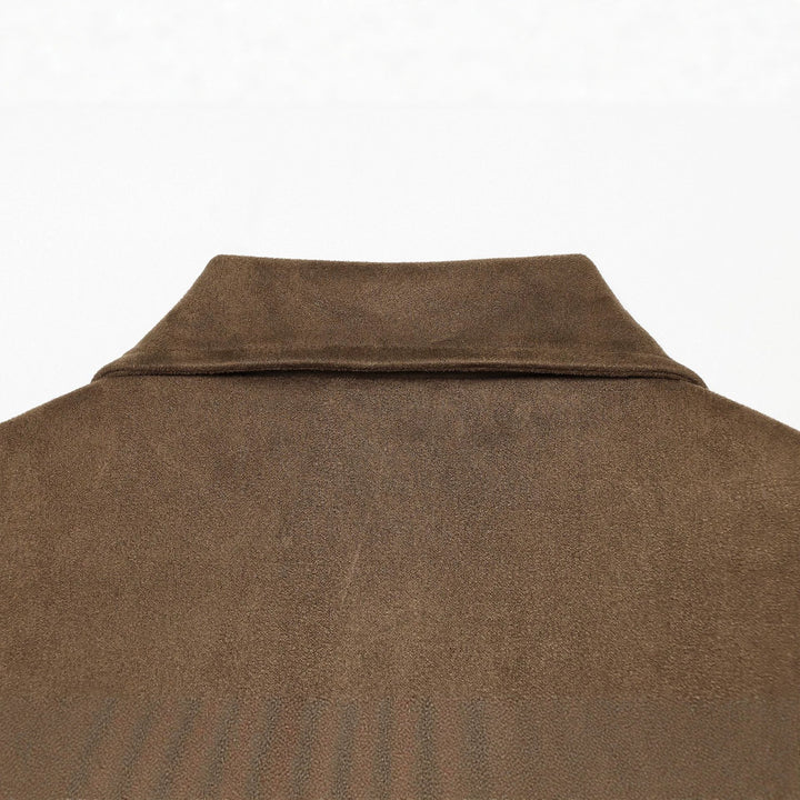 Women's cropped blouson jacket in suede look with shirt collar, epaulettes, and elastic waistband.