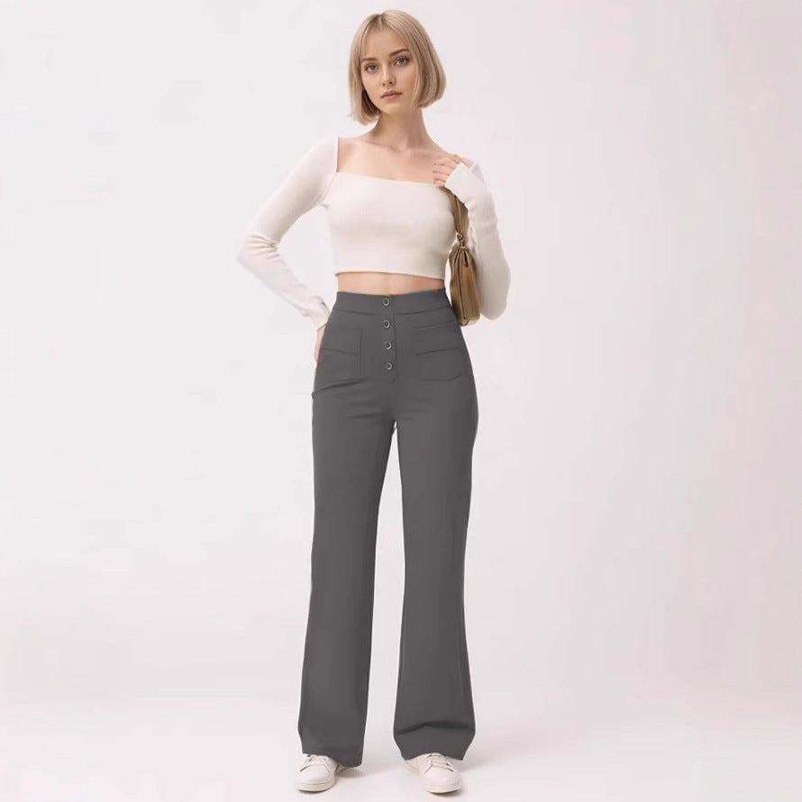 Women's waist-defining flared pants made of stretch jersey with decorative button placket Mune Fashion