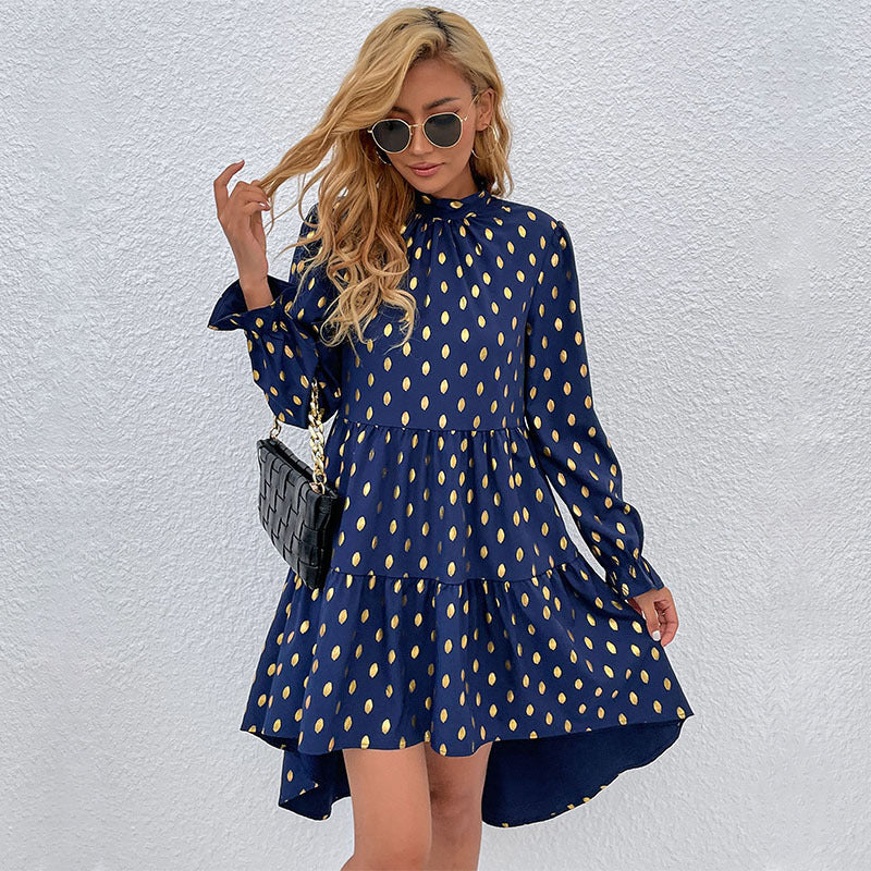 Ladies Ruffle Tiered Dress with Gathered Stand-Up Collar and Shiny Dots Mune Fashion