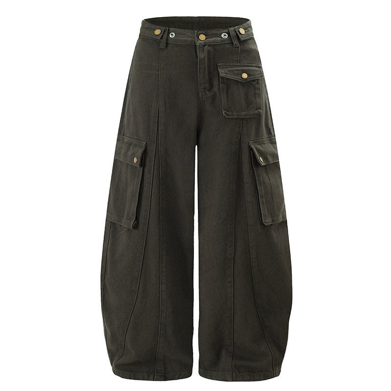 Women's Wide Cargo Palazzo Pants with High Waist, Balloon Hem, and Multiple Flap Pockets