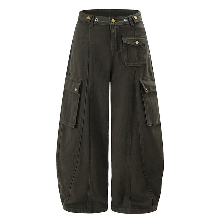 Women's Wide Cargo Palazzo Pants with High Waist, Balloon Hem, and Multiple Flap Pockets