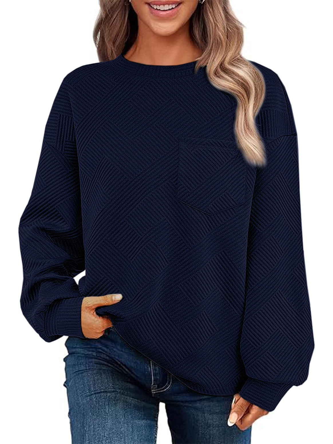 Women's Oversized Textured Knit Sweater with Chest Pocket Mune Fashion