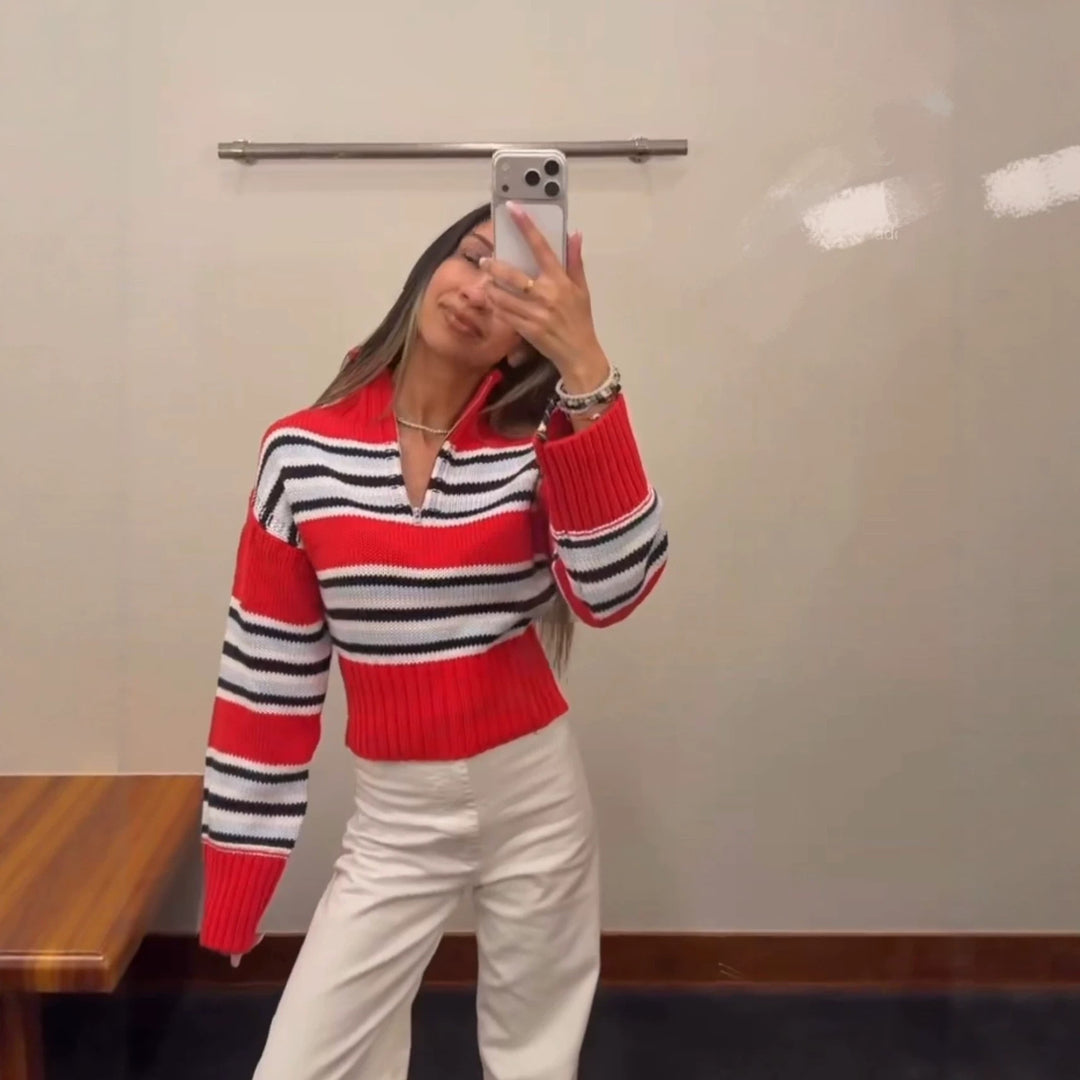 Women Cropped Knit Sweater with Half Zipper, Stand Collar and Balloon Sleeves Mune Fashion