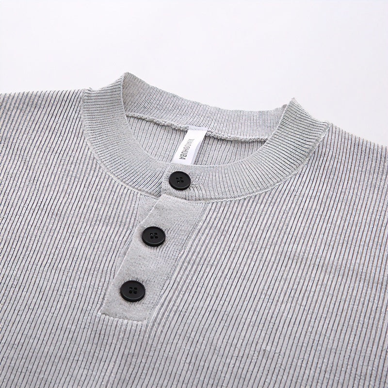 Unisex Oversized Ribbed Henley Sweater with Extended Back Hem and 3-Button Placket Mune Fashion