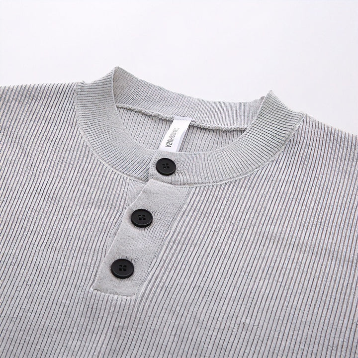 Unisex Oversized Ribbed Henley Sweater with Extended Back Hem and 3-Button Placket Mune Fashion
