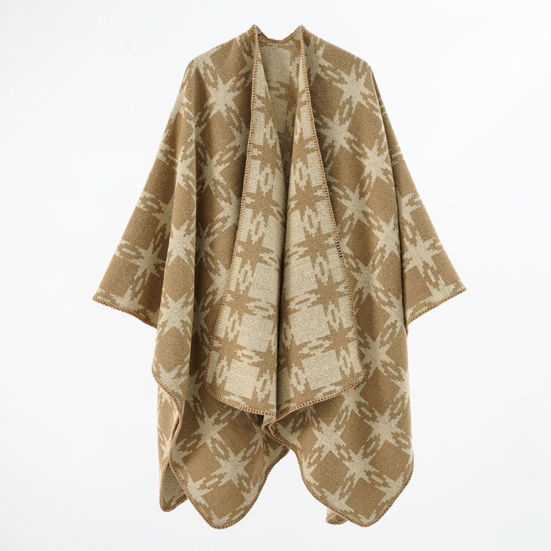 Women's Oversized Jacquard Cape with Star Motif and Contrasting Overlock Edge Mune Fashion