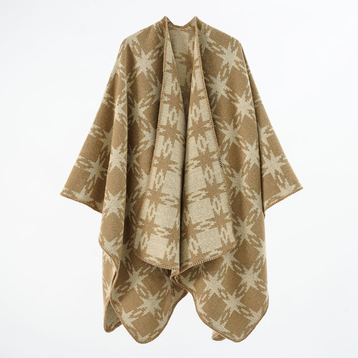 Women's Oversized Jacquard Cape with Star Motif and Contrasting Overlock Edge Mune Fashion