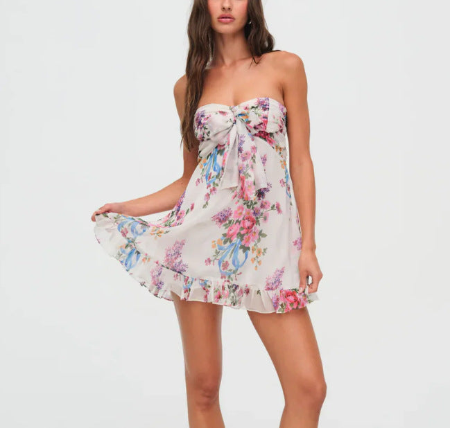 Women's strapless chiffon summer dress with floral pattern bandeau top and ruffle trim Mune Fashion
